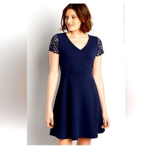Maurices Navy Blue textured wrap front dress with short lace sleeves